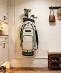 Wall Mount Golf Bag Storage Organizer for Garage and Home Use, holding golf bag with clubs on white wall in elegant room