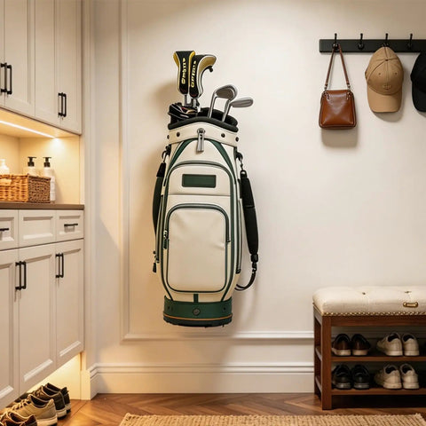 Wall Mount Golf Bag Storage Organizer for Garage and Home Use, holding golf bag with clubs on white wall in elegant room