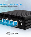 Badass Little Firewall Rig With Four 2.5GbE Ports For Rock Solid OPNsense Routing And Serious Network Security Mini Pc J3710 Quad Core Aes-Ni Barebone Build Supports Ddr3 Storage Plus Dual Monitor Outputs - rear view showing four 2.5GbE ports.