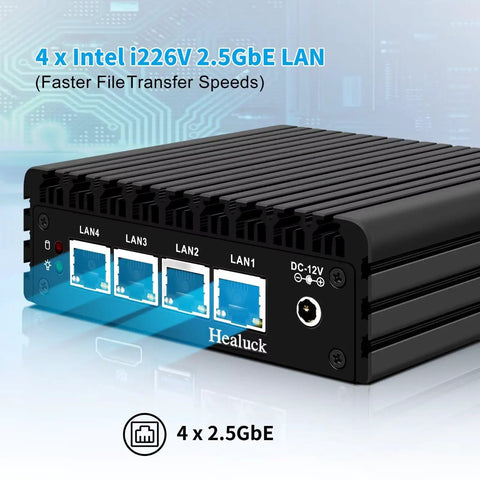 Badass Little Firewall Rig With Four 2.5GbE Ports For Rock Solid OPNsense Routing And Serious Network Security Mini Pc J3710 Quad Core Aes-Ni Barebone Build Supports Ddr3 Storage Plus Dual Monitor Outputs - rear view showing four 2.5GbE ports.