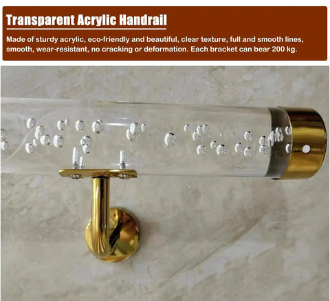 Heavy Duty Acrylic Railing Kit With End Caps No Sweat Setup Indoors Or Outdoors No Slip Stair Treads Grab Bars Tough Grip Handrails For Decks Steps And Entryways Complete Safety Fix showing a clear acrylic handrail with gold brackets.