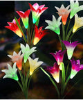 Outdoor Solar Lily Lights 4 Pack, Upgraded Fabric Lily With Wider Solar Panel For Faster Charging, 35 Percent Brighter Lit Multi Color Changing Garden Flower Lights For Patio And Yard Decor, Red Purple White glowing in darkness