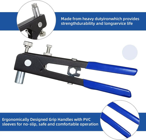 Beefy Heavy Duty Blind Rivet Nut Tool Kit With Hand Riveter, blue non slip handle, close-up details, metal body
