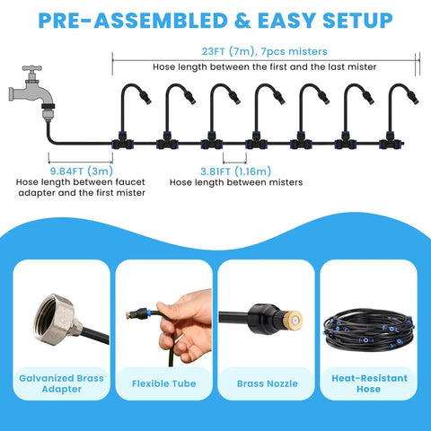 Adjustable Misting System With 360 Degree Flexible Brass Nozzles And A 32Ft Preassembled Mister Hose diagram with components.
