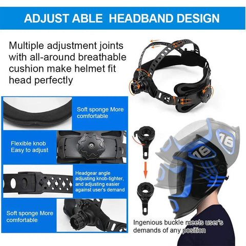 Adjustable headband design of large viewing auto darkening welding helmet with true color, featuring breathable padding and easy adjustment.