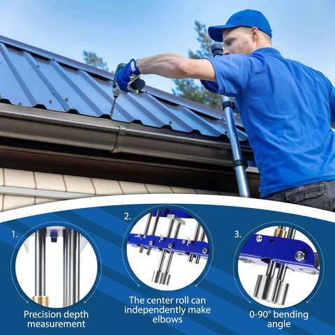 Worker using Three-Station Edge Roller for bending sheet metal at 0 to 90 degrees on metal roofing edges.