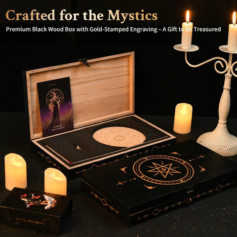 Premium black wood box with gold engraving, candle display, for Two Pack Copper Dowsing Rods With Bag High Purity 99.9 Percent Copper Divining Rods For Energy Detection And High Sensitivity Ultra Precise Result L Shaped Design Minimizes Shake For Consistent Readings And Easy Handling.