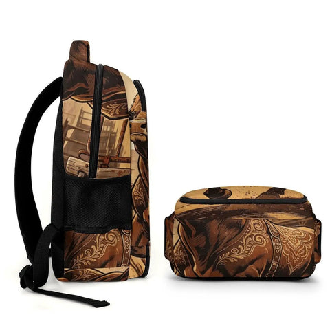 Side view of Old Town Ox Printed Unisex Backpack With Large Capacity, Durable Polyester Daypack, showcasing ox pattern.