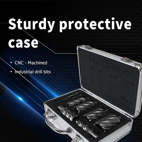 Annular Cutter Set For Magnetic Drill Press With HSS M2AL Steel Bits, shown in protective case with organized bits