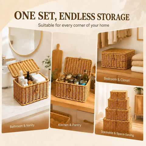 Heavy Duty Plastic Wicker Storage Basket With Lids Waterproof Woven Organizer Bins For Home, various settings and uses shown.