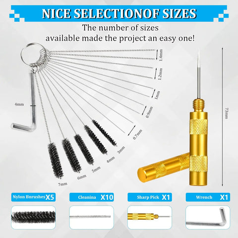 All-In-One Pro-Grade Carburetor Cleaning Kit with 13 stainless steel wires, 10 cleaning needles, 5 nylon brushes, 1 sharp pick, illustrated.