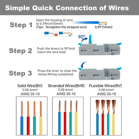 Quick Lever Push In Wire Splitter Connector Two In Four Out Heavy Duty Copper Core Terminal Block wiring steps and wire types.