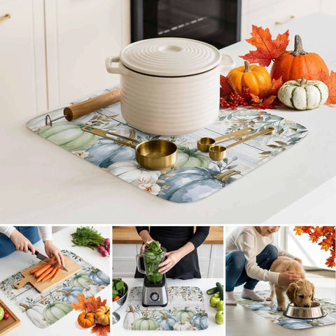 Cozy Fall Thanksgiving Dish Drying Mat For Kitchen Counter 18 By 24 Inches Sage Green Pumpkin Blue Eucalyptus Leaves Design