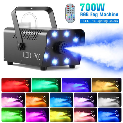700W Fog Machine With Eight RGB LED Lights And Fourteen Colorful LED Effects for stage parties and events