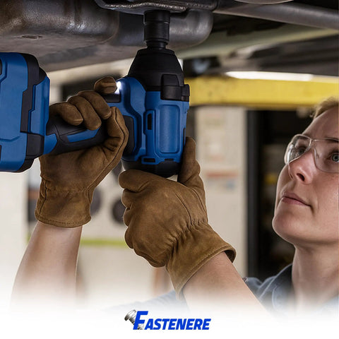 Technician using power tool to secure Rugged Serrated Flange Nuts 3/8-16 Inch, 25 Pack, Stainless Steel 18-8 Hex Lock Hardware