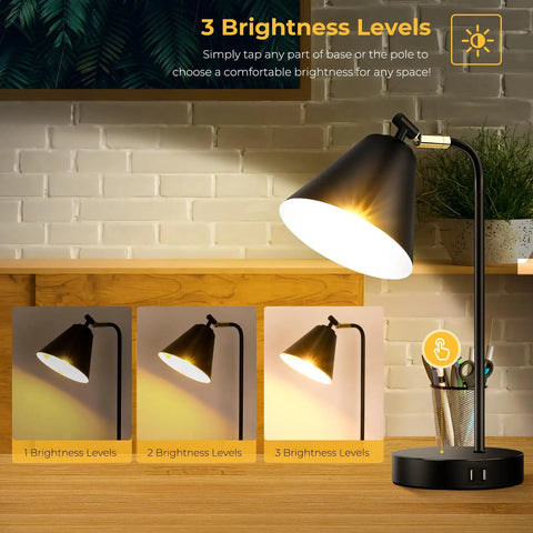 Must Have Dimmable Desk Lamp With 2 USB Ports And AC Outlet, touch sensor nightstand reading light, adjustable brightness display