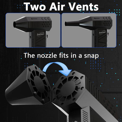 Ultra Powerful Beast Mode Mini Air Blower Duster with 130000 RPM brushless motor showing two air vents and snap-fit nozzle