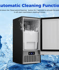 15 Inch Under Counter Commercial Ice Maker Produces 110 Lbs Of Ice Daily With 25 Lb Storage Capacity showing automatic cleaning function and water.