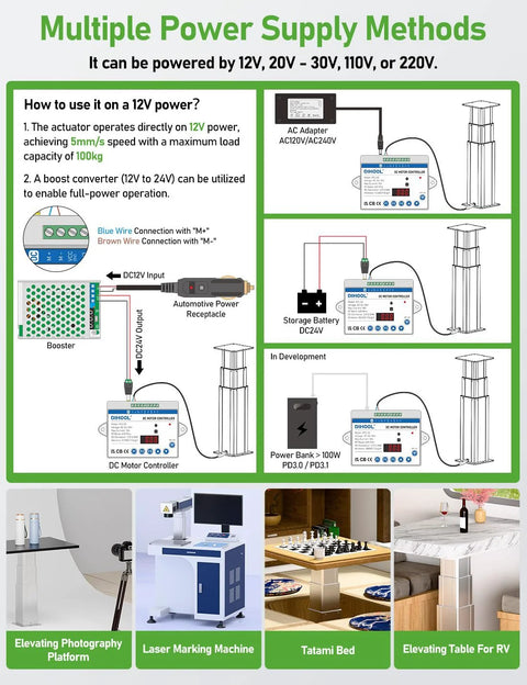 DIHOOL electric lift table with motorized column, 450 lb capacity, height 14.6–30.1 in, remote and app control