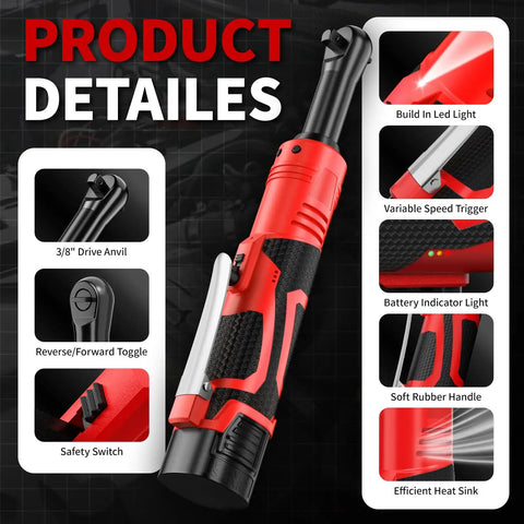 Cordless Electric Ratchet Wrench Set With 40 Ft-Lbs Torque, 550 RPM, 16.8V Power Tool, 3/8 Inch Drive, 1/4 Inch Adapter, LED Light, Dual 2.0Ah Batteries And Fast Charger showing 3/8 in drive, toggle, and grip