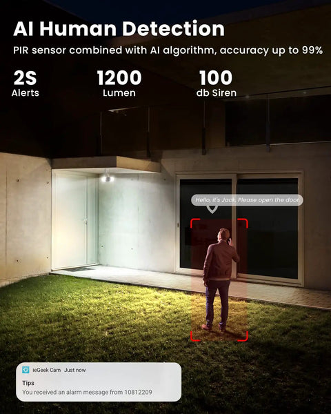 Solar Outdoor Security Camera With Floodlight, capturing intruder at night with AI Motion Detection and 1200 Lumen light