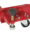 Close-up view of a Steel Hydraulic Motorcycle Lift With 1100 Pound Capacity, Foot Operated Pump, Diamond Plate Platform, Red Base