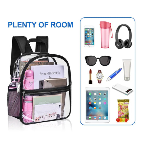 Stadium Approved Clear Backpack 12x6x12 Inch Waterproof See Through Bag for concerts, showing contents inside for easy checks