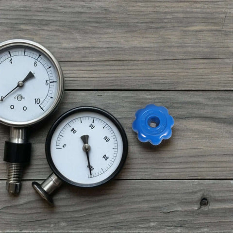 Blue aluminum alloy wheel next to gauges, part of 4 Pack Aluminum Alloy Gas Cylinder Valve Hand Wheels Hexagonal Control Handles For Emergency Valve Opening And Industrial Use Heavy Duty Durable Precision Made For Lab And Workshop.