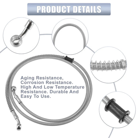 Detail view of 55.12 Inch Stainless Steel Braided Motorcycle Brake Line With 10mm ID 28 Degree Banjo Ends For ATV Motocross And Sport Bikes Hydraulic Brake Hose Silver Tone showing components and features.