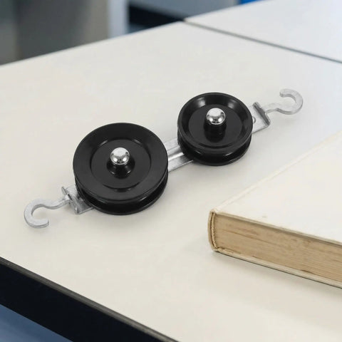 Hands On Ten Piece Mechanics Pulley Block Set With Heavy Duty Metal Fixed And Movable Pulleys Ropes Hooks Transparent Storage Case STEM Physics Lab Kit For Teaching Simple Machines In Classrooms Or Home Labs, two black metal pulleys with hooks