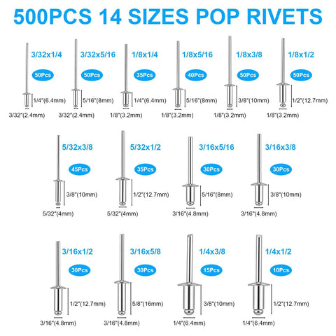 Diagram of 500 pieces from Must Have 1000-Piece Aluminum Pop Rivets Kit With 14 Sizes And Stainless Backup Washers.