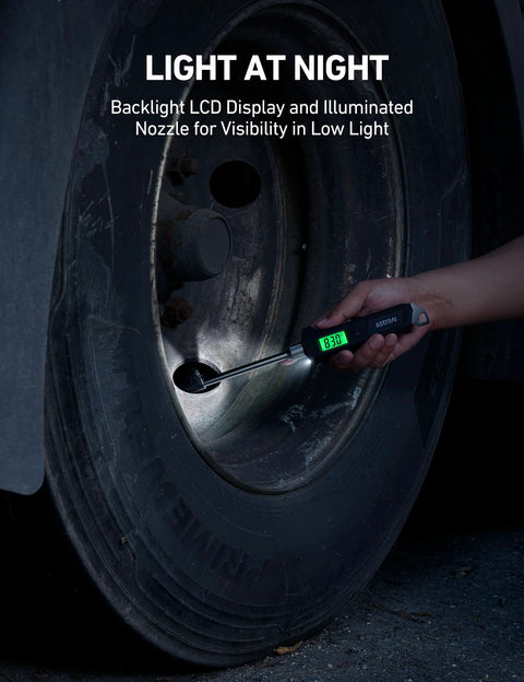 AstroAI digital tire pressure gauge, side view; handheld with stainless-steel probe and backlit LCD.