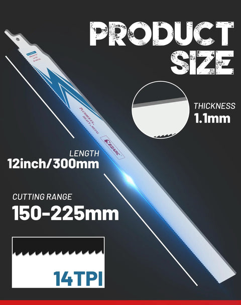 Bi-Metal Cobalt Reciprocating Saw Blades, 12 Inch, 14TPI, Beast Mode Heavy Metal Demolition Pack, length 12 inches, close-up.