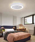 21.6 Inch Ceiling Fan with Light, Remote Control,3-Color Dimmable White LED mounted in a modern bedroom.