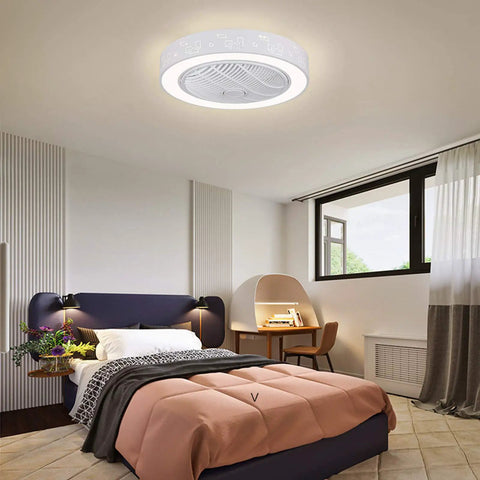 21.6 Inch Ceiling Fan with Light, Remote Control,3-Color Dimmable White LED mounted in a modern bedroom.