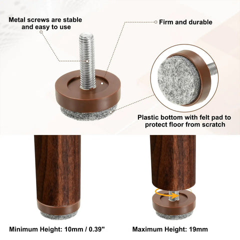 Hella Durable Adjustable Furniture Levelers With Felt Floor Protectors M6 Threaded Screw Feet For Wobbly Tables And Couches No Sweat Setup Brown Twelve Piece Set, showcasing screw feet with felt pads.