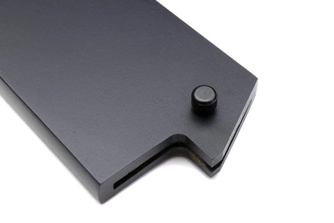 Close-up of a black snug-fit pin from Safety Pins For Saya Knife Covers 5 Piece Set With Snug Fit, Adjustable 4.3mm To 2.5mm Width, Made For Saya Knife Covers, Not For Deba Covers, Compatibility Chart Included.