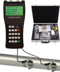 Handheld Ultrasonic Flow Meter Portable Clamp On Flow Sensor With Data Output S1 M2 L1 Sensors measuring flow on a pipe, case open