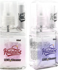 Front view of Hatstart Lens Cleaner two-pack spray bottles, 60ml each, pink and purple labeled in clear travel cases