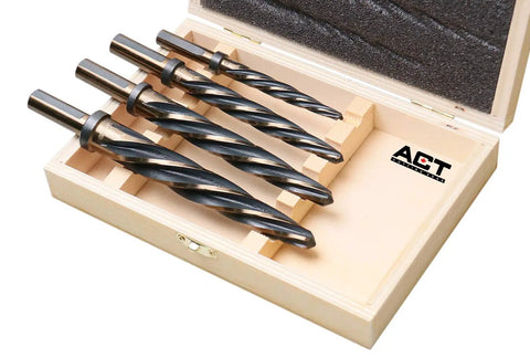 Pro Grade High Speed Steel Spiral Flute Car Reamer Set With Gold Oxide, Four Piece Kit in wooden case