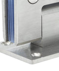 Close-up of Stainless Steel Glass Door Hinges 90 Degree Frameless Shower Door Clamp showing rust resistant finish and mounting plate