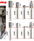 Tungsten Carbide Burr Set With One Quarter Inch Shank Eight Piece Double Cut Rotary Burrs For Die Grinders, size chart display