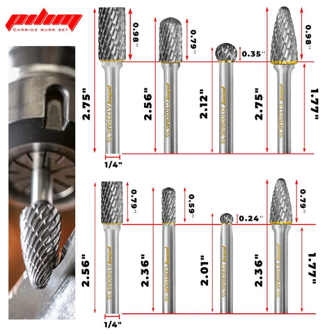 Tungsten Carbide Burr Set With One Quarter Inch Shank Eight Piece Double Cut Rotary Burrs For Die Grinders, size chart display