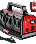 Front angle view of 1200W Portable Inverter With 6A Fast Charger And Six USB Ports, Pure Sine Wave Power Hub For M18 Batteries, 120V AC Outlet.