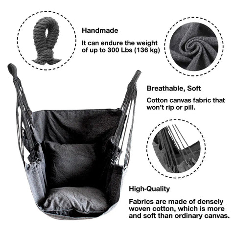 Hammock Chair Hanging Rope Lounge With Pocket Holds Up To 300 Lbs, Durable Outdoor Indoor Hangout Seat, dark gray cotton fabric