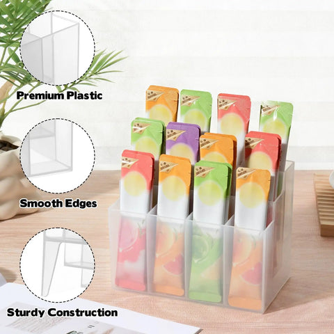 Three Tier Drink Packet Organizer Rack With Twelve Compartments Sugar Packets Powdered Drink Mix Holder on kitchen counter