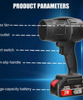 Diagram of a cordless leaf blower with vortex fan, air outlet, start switch, non-slip handle, and large-capacity 21V battery shown.