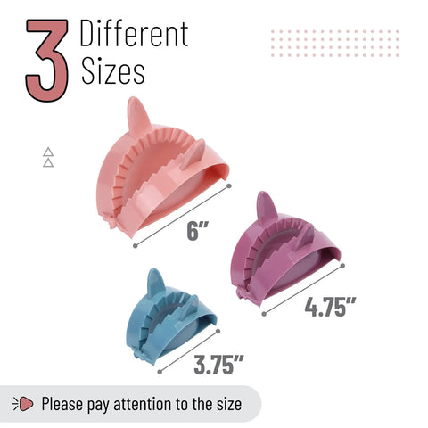 Three Size Dough Press Set In Vibrant Colors For Dumplings Empanadas Pastries Turnovers Hand Pies And Meat Pies Three Pack Dumpling Press Molds With Easy Grip Handles For Even Perfect Pressing And Fun Kitchen Creations in three sizes: 6-inch, 4.75-inch, and 3.75-inch.