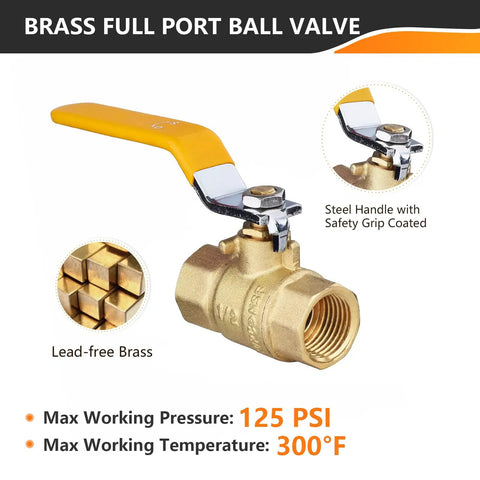 Two Pack Three Quarter Inch FIP Threaded Ball Valve Set With Brass Full Port Shut Off, yellow handle, close-up view
