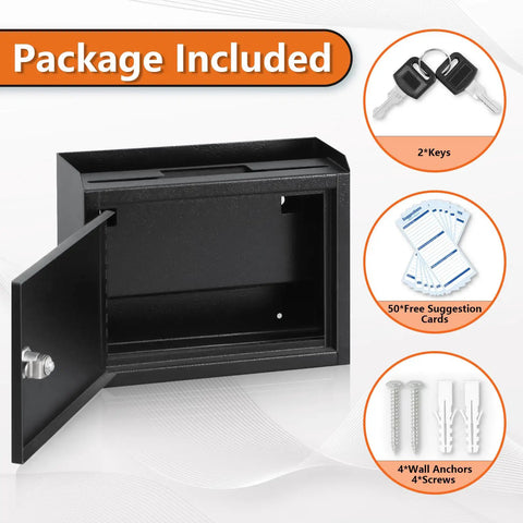 Locking Office Suggestion Box With Slot For Secure Feedback, Wall Mount Safe Mailbox, 50 Free Suggestion Cards, 9.8W x 3D x 7H, Black